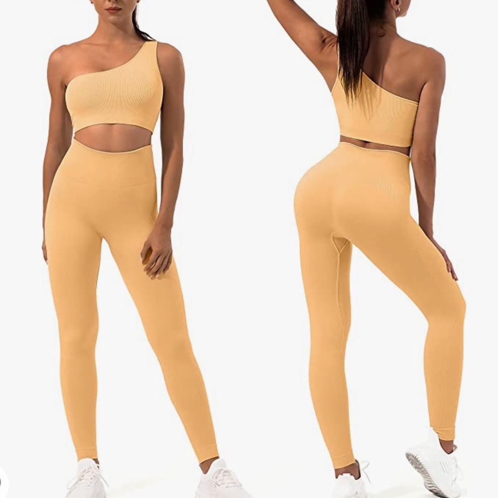 Orange One Shoulder Sports Bra & Leggings Ribbed Workout Set